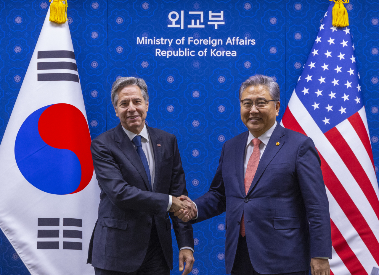 United States Secretary of State Antony Blinken (left) shakes hands with South Korean Foreign Minister Park Jin ahead of their bilateral talks in Seoul on Thursday. (Yonhap)