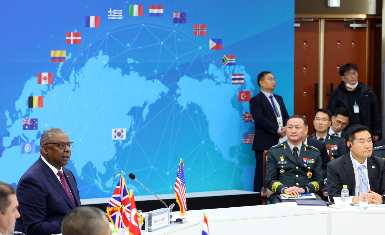 US Secretary of Defense Lloyd Austin (left) speaks during the inaugural defense ministerial meeting of South Korea and the United Nations Command member states at the defense ministry in Seoul on Tuesday. (Yonhap - Pool Photo)