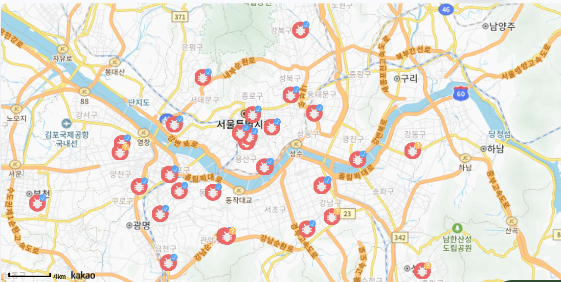 A screen capture of Bedbudboard's interactive map tracking bedbud infestations in the greater Seoul area