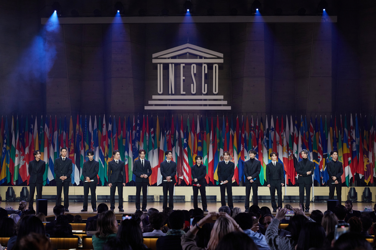 K-pop group Seventeen hosts a special session during the 13th UNESCO Youth Forum held at the UNESCO headquarters in Paris, France, on Tuesday. (Pledis Entertainment)