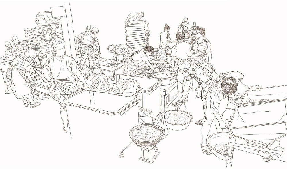This drawing depicts a scene of rice cake making at Nakwon Tteok House. (Seoul Museum of History)