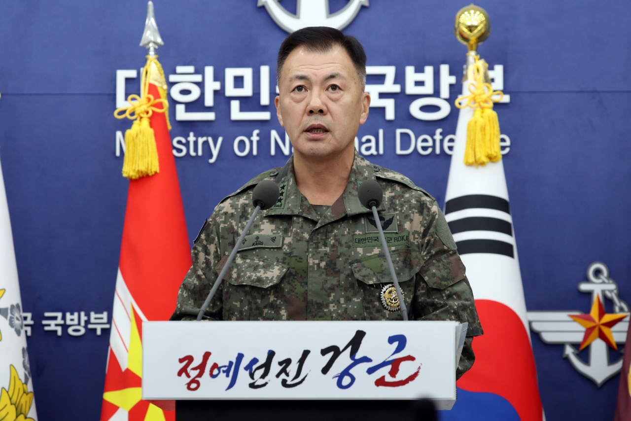 Kang Ho-pil, chief director of operations at South Korea’s Joint Chiefs of Staff, speaks during a press briefing at the Ministry of National Defense on Monday. (Ministry of National Defense)