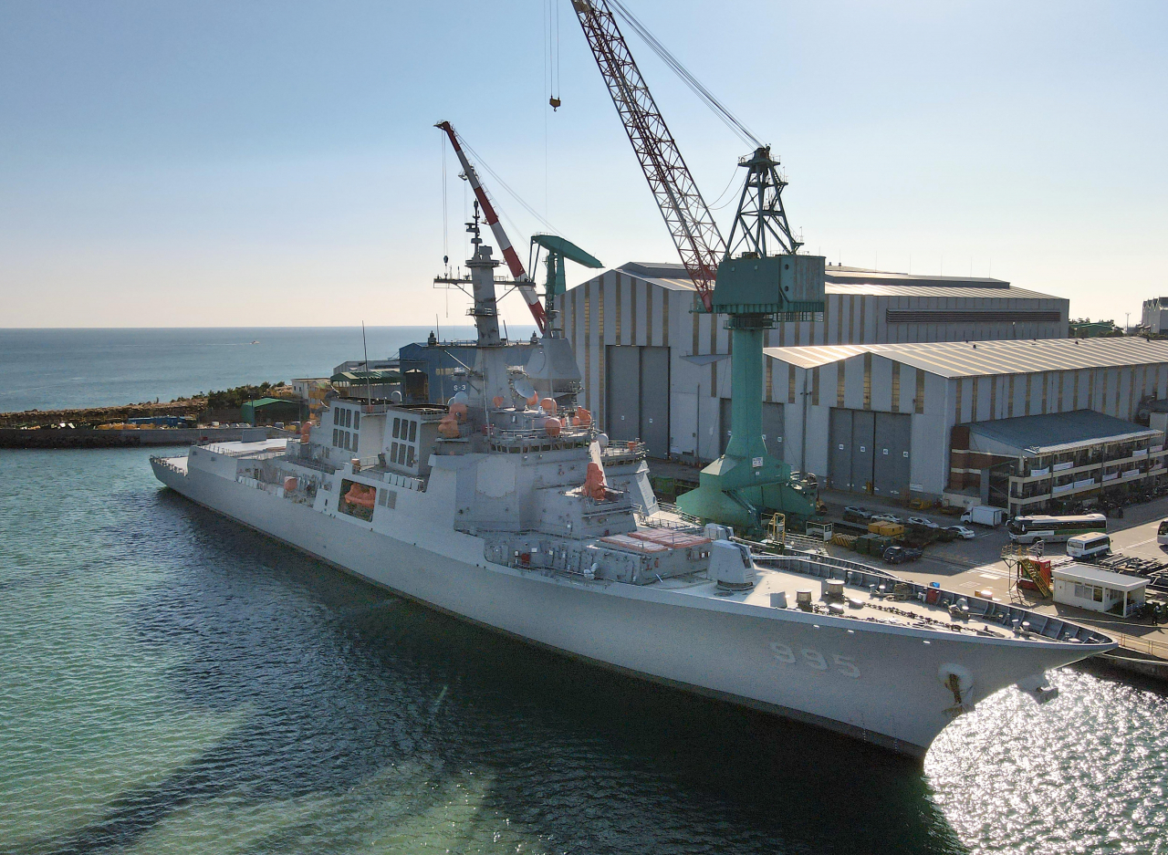 South Korean Navy's Jeongjo the Great, an Aegis-equipped destroyer, is tied to a pier at HD Hyundai Heavy Industries' Ulsan shipyard on Monday. (HD Hyundai)
