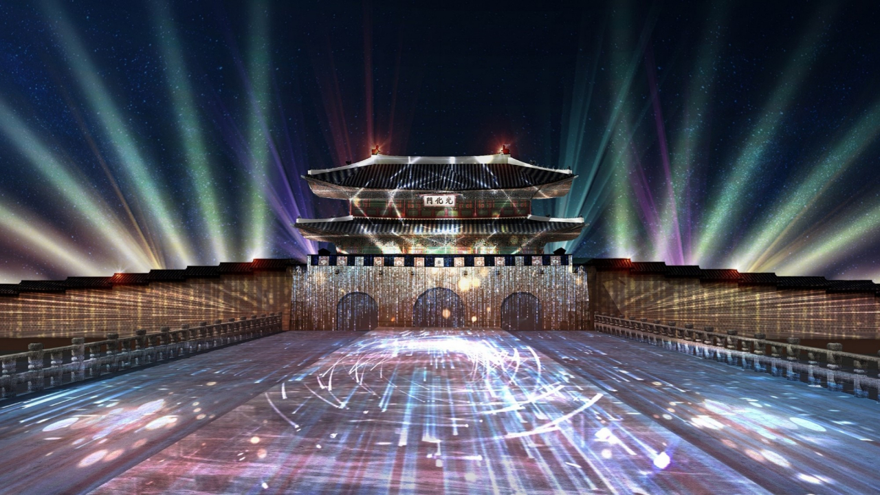 “Seoul Light Gwanghwa,” a light show featuring an 800-meter-long media facade, is projected onto Gyeongbok Palace’s Gwanghwamun gate (Seoul Metropolitan Government)