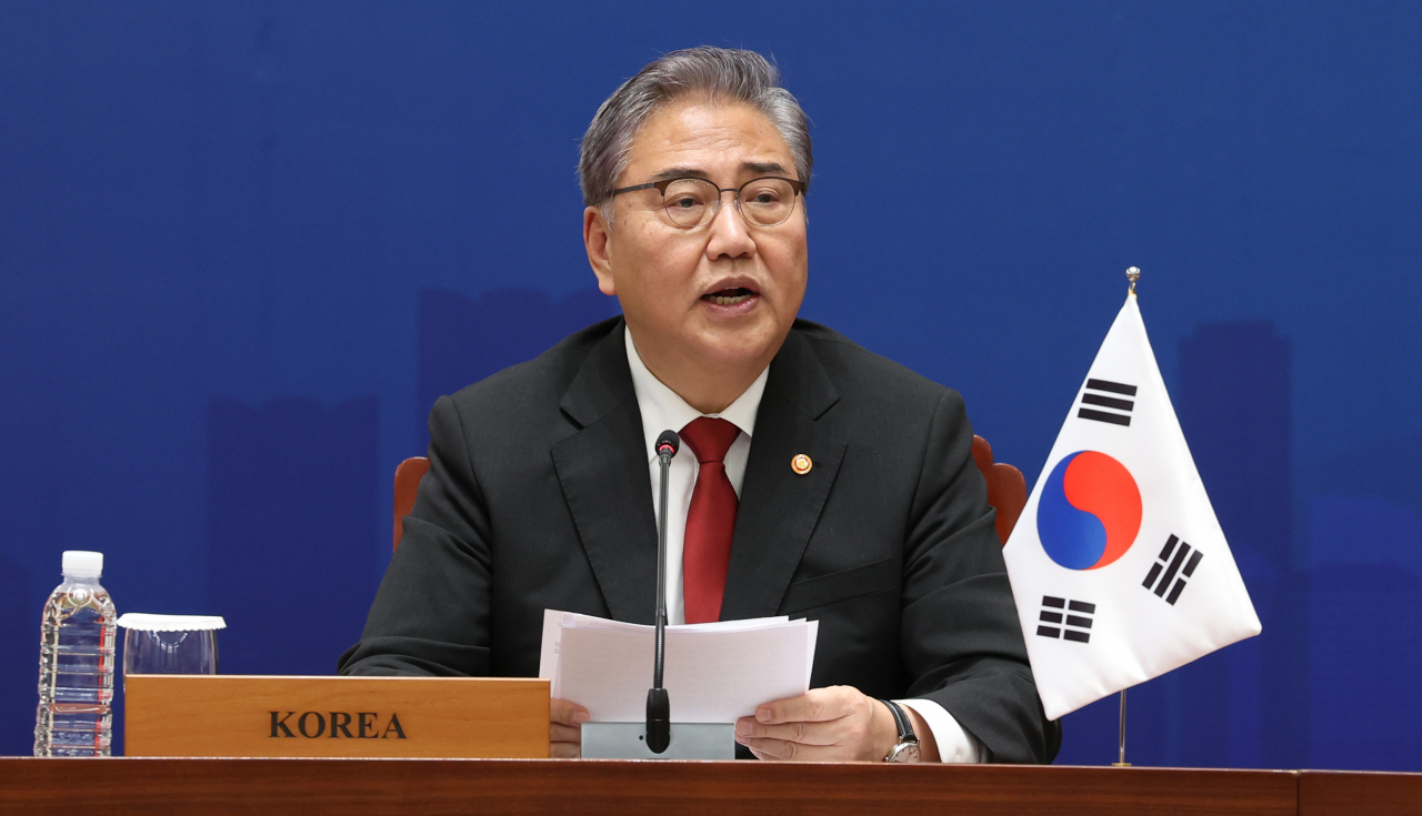 South Korean Foreign Minister Park Jin speaks during his trilateral talks with Chinese Foreign Minister Wang Yi and Japanese Foreign Minister Yoko Kamikawa in the southeastern port city of Busan on Sunday. (Yonhap)