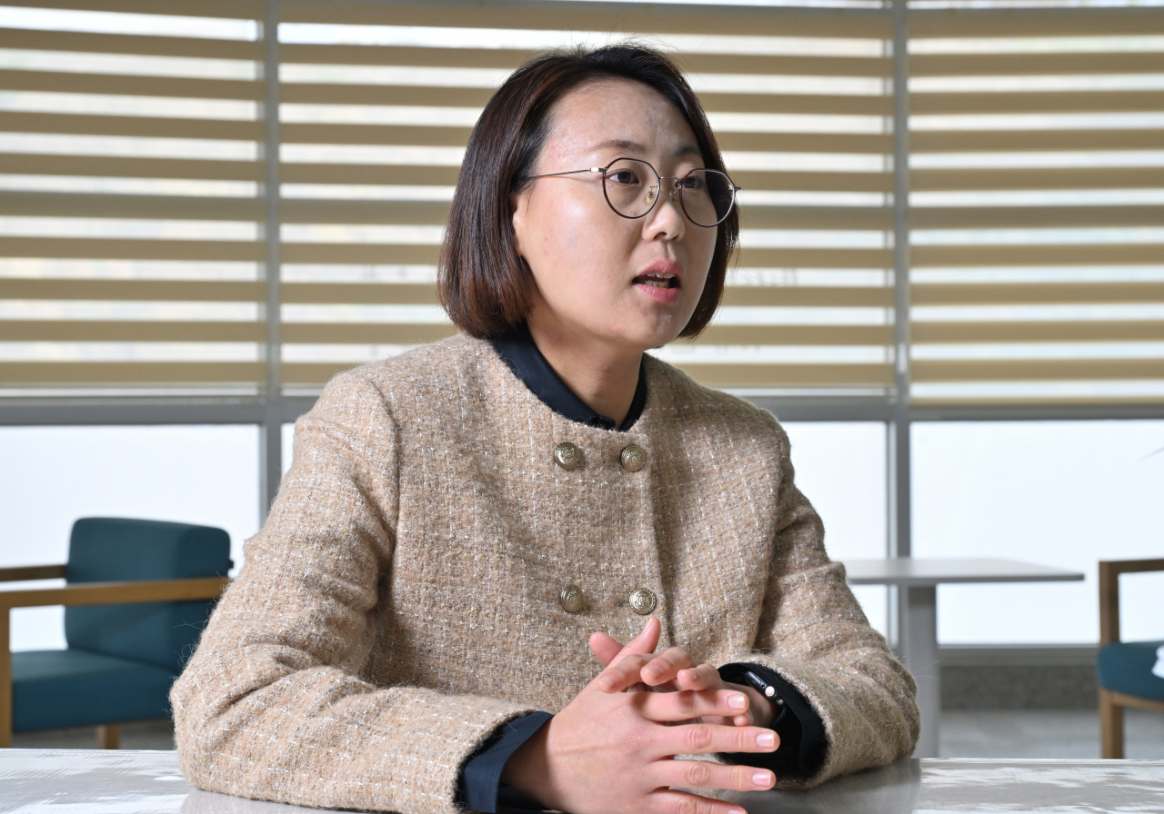 Professor Son Hye-jin speaks during an interview with The Korea Herald at Seojeong University in Yangju City, Gyeonggi Province. (Im Se-jun/The Korea Herald)