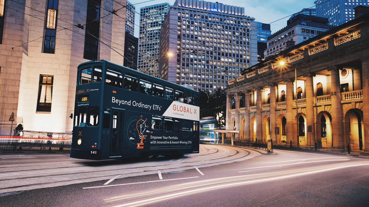 A Hong Kong tram wrapped with Mirae Asset's Global X advertisement (Mirae Asset Global Investments)
