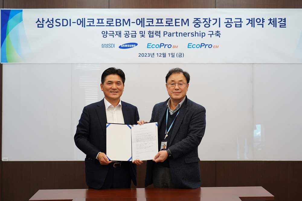 EcoPro BM CEO Joo Jae-hwan (right) and Samsung SDI Vice President Kim Ik-hyeon hold a signed memorandum of understanding on a new supply deal at EcoPro BM’s headquarters in Cheongju, North Chungcheong Province, Friday. (EcoPro BM)