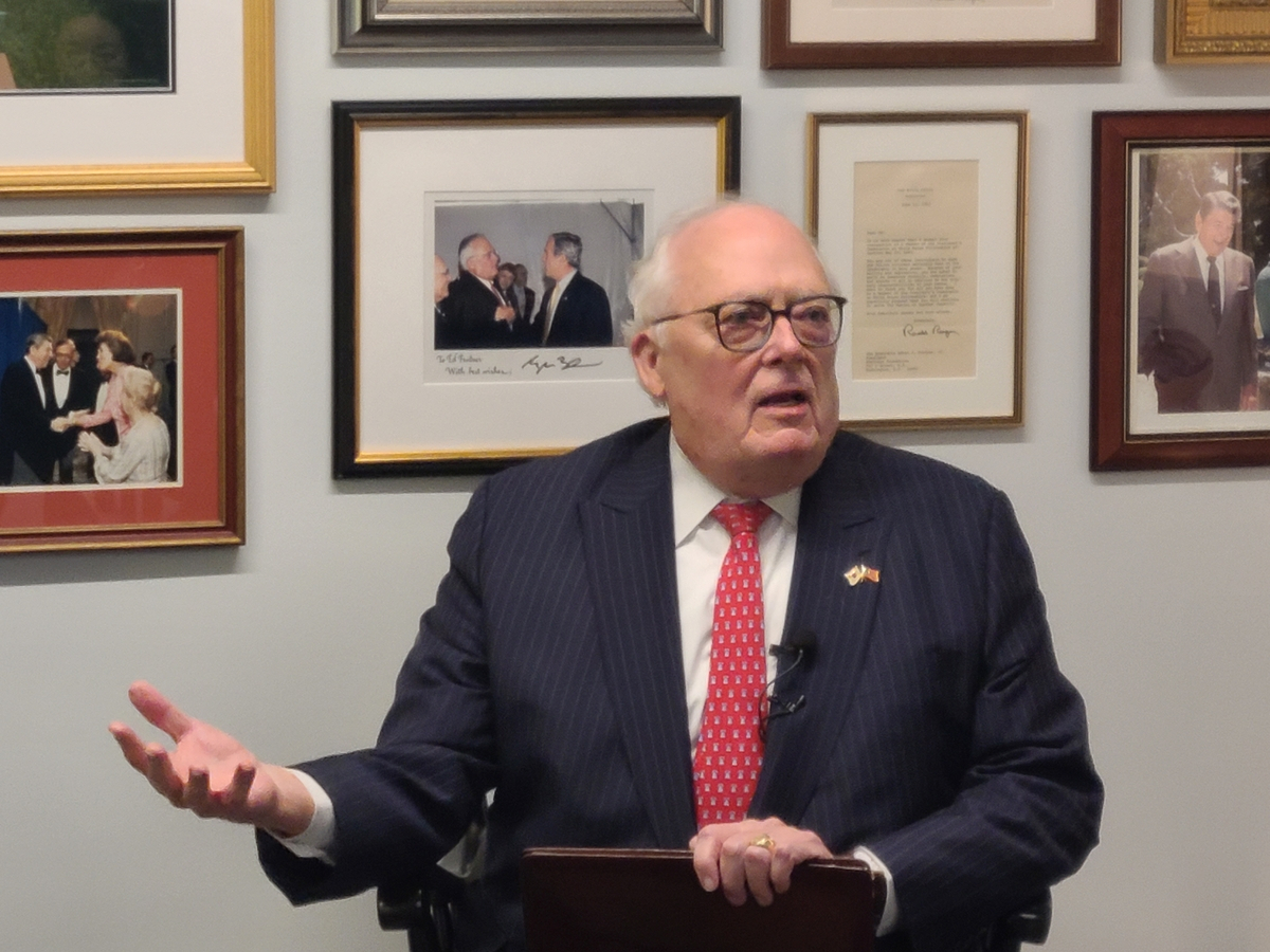 Edwin Feulner, founder of the Heritage Foundation, speaks during an interview with South Korean reporters at his office in Alexandria, Virginia, on Tuesday. (Yonhap)