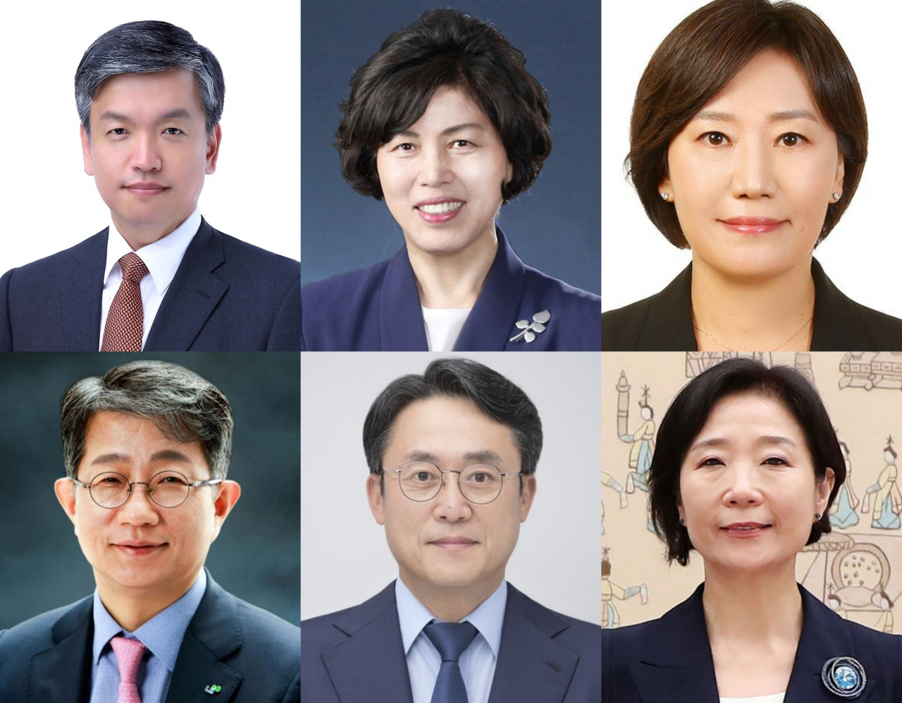 From top left, clockwise: Finance Minister nominee Choi Sang-mok, Veterans Minister nominee Kang Jung-ai, Agriculture Minister nominee Song Mi-ryung, Startups and SMEs Minister nominee Oh Young-ju, Oceans Minister nominee Kang Do-hyung and Land Minister nominee Park Sang-woo. (Presidential office)