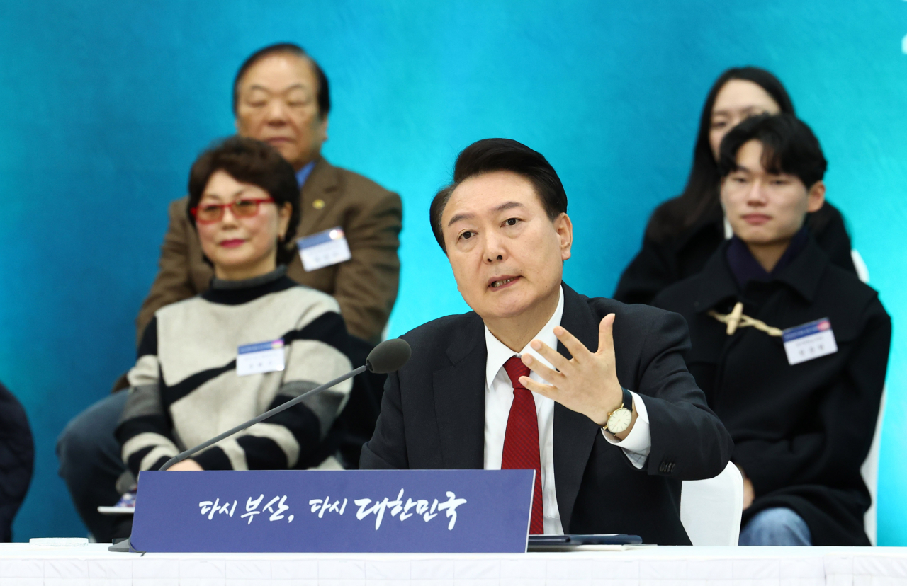 President Yoon Suk Yeol speaks to Busan citizens during a forum held in Busan on Wednesday. (Joint Press Corps)