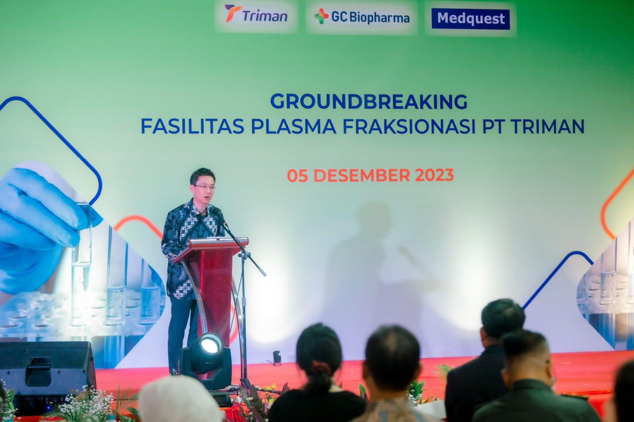 GC Biopharma CEO Huh Eun-chul speaks at a groundbreaking ceremony for its first Indonesian plasma fractionation plant within an industrial complex near the country's capital of Jakarta. (GC Biopharma)