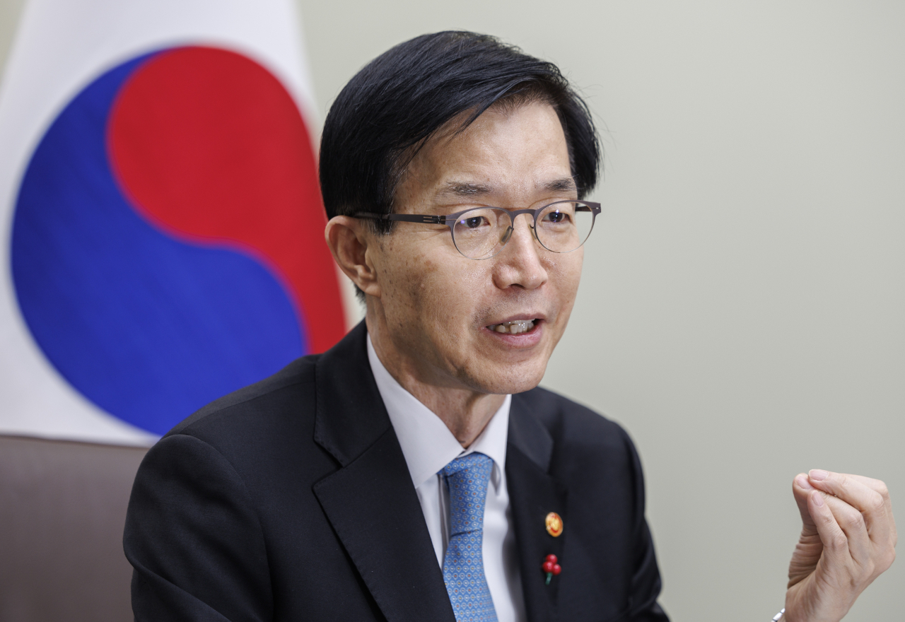 Industry Minister Bang Moon-kyu speaks during an interview with Yonhap News Agency in Seoul on Dec. . (Yonhap)