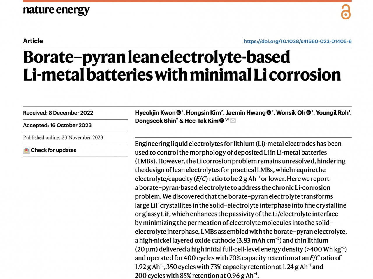 A collaborative study by LG Energy Solutions and KAIST on lithium metal battery discovery is featured on Nature Energy, a prestigious academic journal specializing in energy research. (Nature Energy)