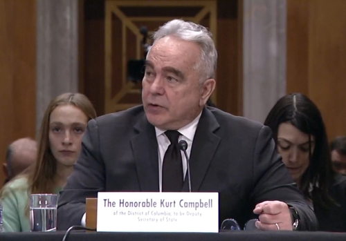 Kurt Campbell, nominee for deputy secretary of state, speaks during a Senate confirmation hearing on Friday. (The live streaming of the hearing on the website of the Senate Foreign Relations Committee)