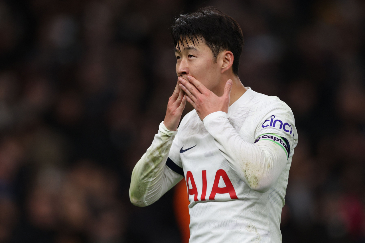 In this Reuters photo, Son Heung-min of Tottenham Hotspur celebrates after scoring a penalty against Newcastle United during the club's Premier League match on Sunday (local time) at Tottenham Hotspur Stadium in London. (Yonhap)