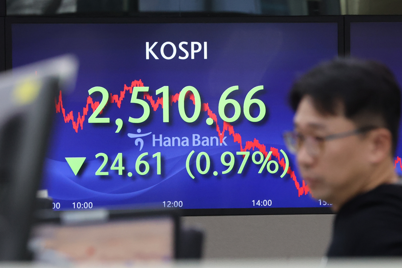 An electronic board at a dealing room of the Hana Bank headquarters in Seoul shows the Korea Composite Stock Price Index on Wednesday. (Yonhap)