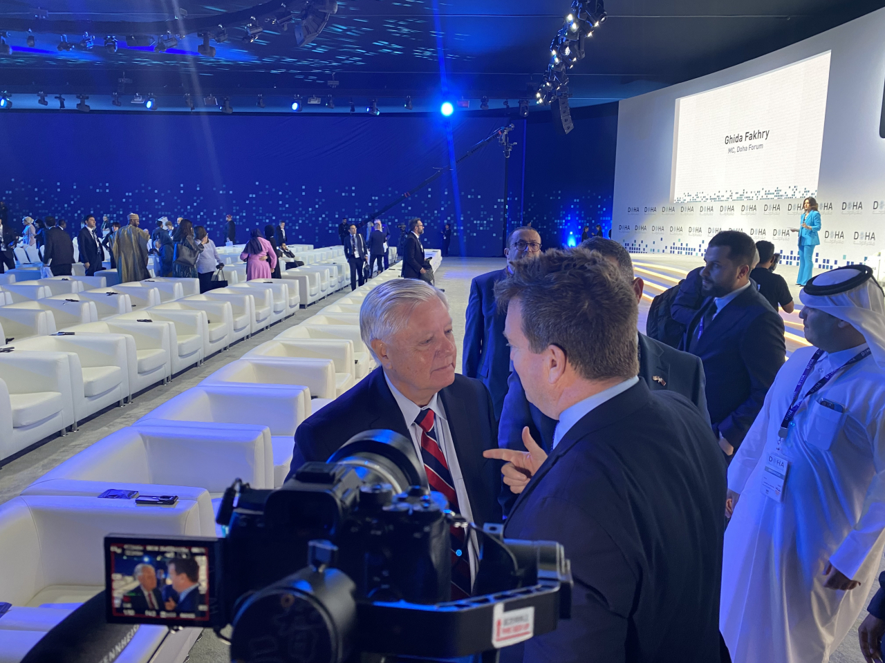 US Senator Lindsey Graham interacts with participants after a session at the Doha Forum at Sheraton Grand Doha Resort and Convention Hotel in Doha,Qatar on Sunday. (Sanjay Kumar/The Korea Herald)
