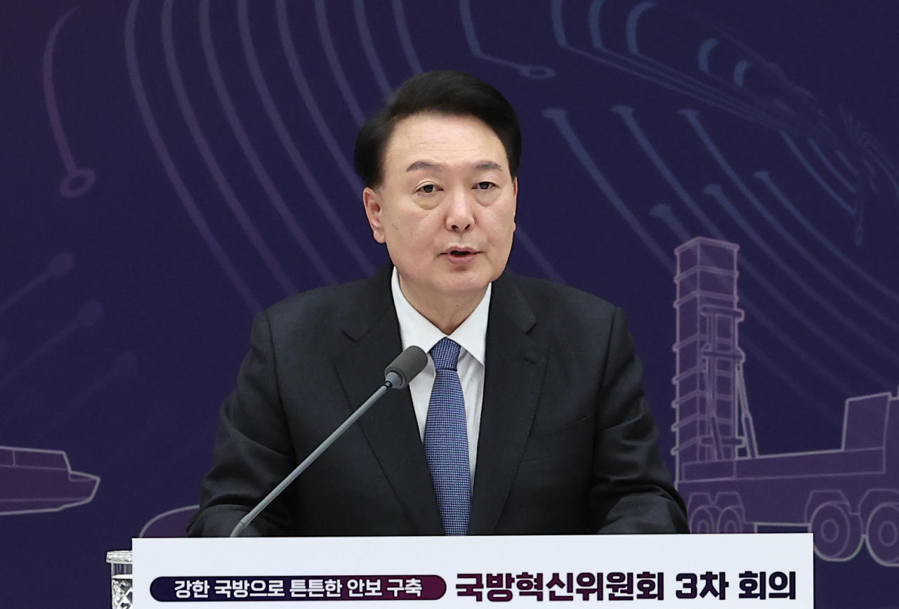 President Yoon Suk Yeol speaks during the third meeting of the presidential defense innovation committee at the presidential office in Seoul on Wednesday. (Yonhap)