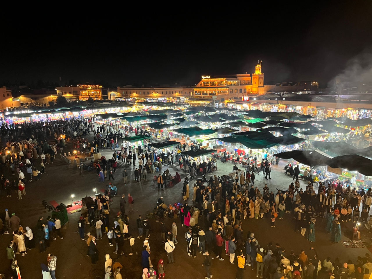 A view of Jemaa el-Fna Square and its restaurants in Marrakesh's old city (Lee Jaeeun/The Korea Herald)