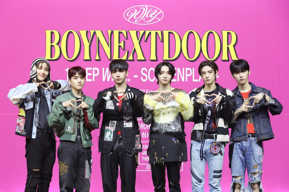 Boynextdoor poses for photos during a press showcase event for its first EP 
