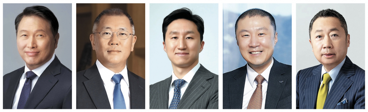 From left: SK Group Chairman Chey Tae-won, Hyundai Motor Group Executive Chair Chung Euisun, HD Hyundai Vice Chairman Chung Ki-sun, LS Group Chairman Koo Ja-eun, Doosan Group Chairman Park Jung-won.