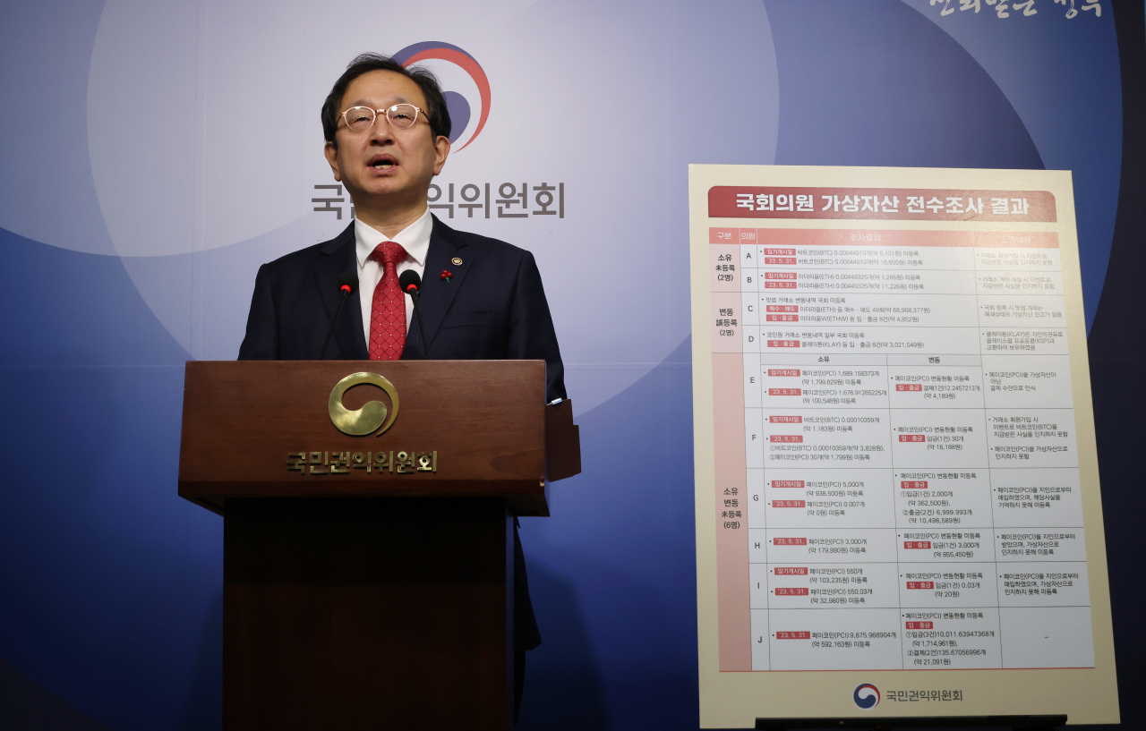 Acting Chairman Jeong Seung-yoon of the Anti-Corruption and Civil Rights Commission speaks in a press briefing at the government complex in Sejong on Friday. (Yonhap)