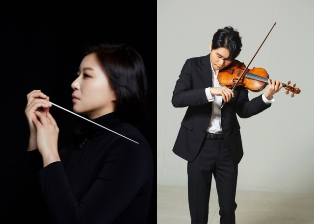 Conductor Sung Shi-yeon (left) and violinist Yang In-mo