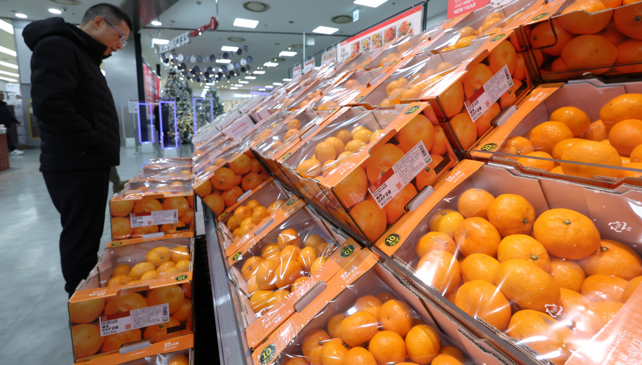 A customer browses citrus fruit at Lotte Mart in Seoul, Dec. 26, 2023. (Newsis)