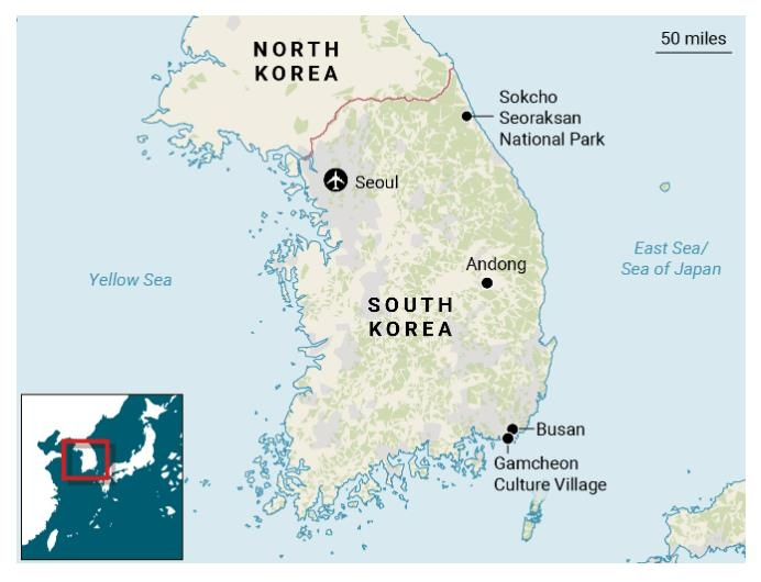 The screenshot image from The Times' website on Friday shows a map of South Korea corrected to include the East Sea, after South Korea requested the name be added to mark both names for the body of water between South Korea and Japan. (The Times)