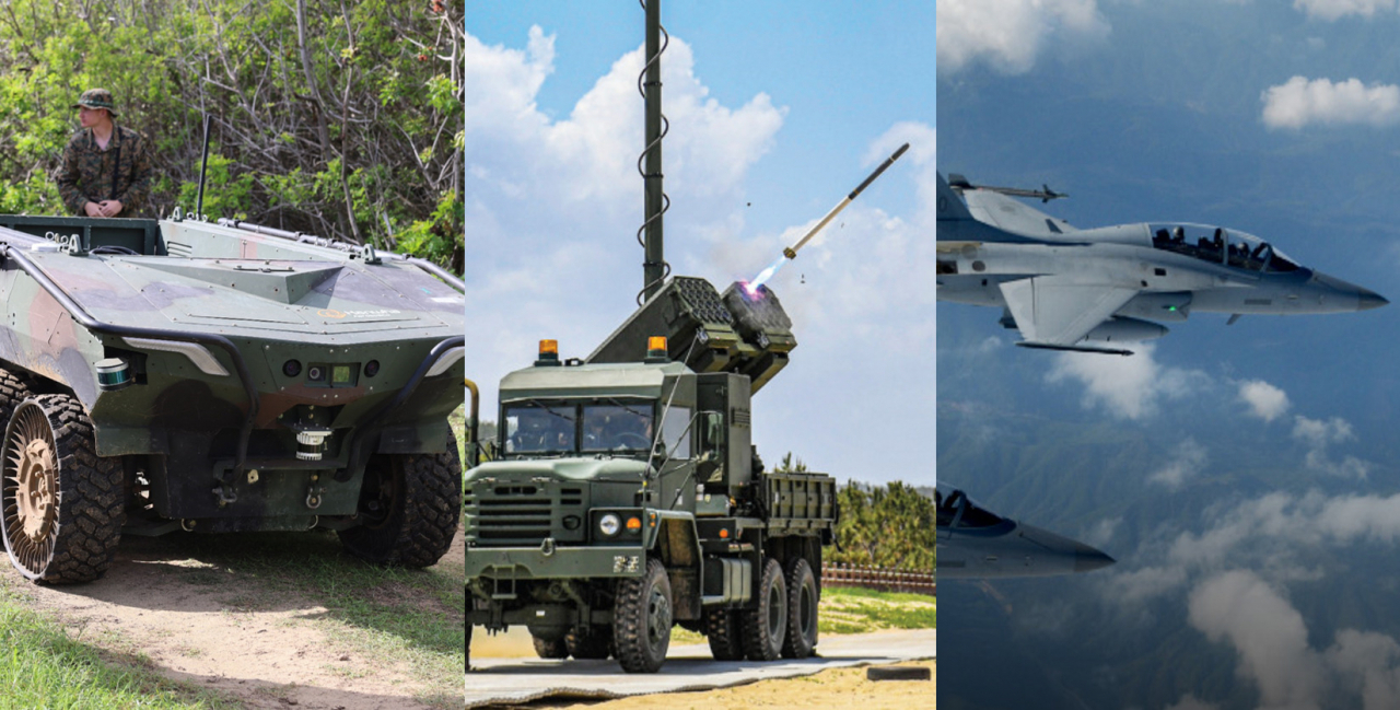 From left: Hanwha Aerospace's multipurpose unmanned ground vehicle Arion-SMET, LIG Nex1's surface-to-ship missile Bigung and Korea Aerospace Industries' light fighter jet FA-50 (Provided by each company)