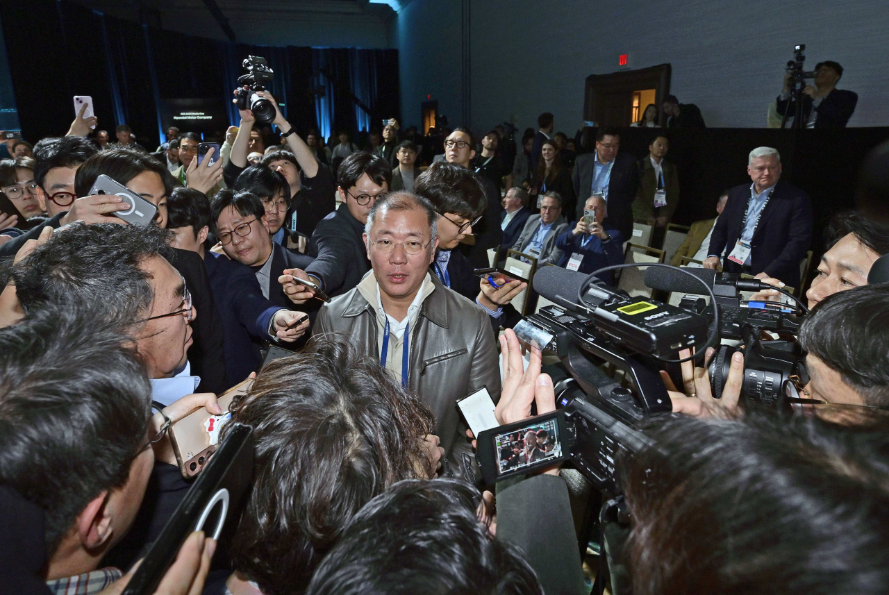 Hyundai Motor Group Executive Chair Chung Euisun speaks to reporters after a media conference at the Mandalay Bay Convention Center in Las Vegas, Monday. (Hyundai Motor Group)