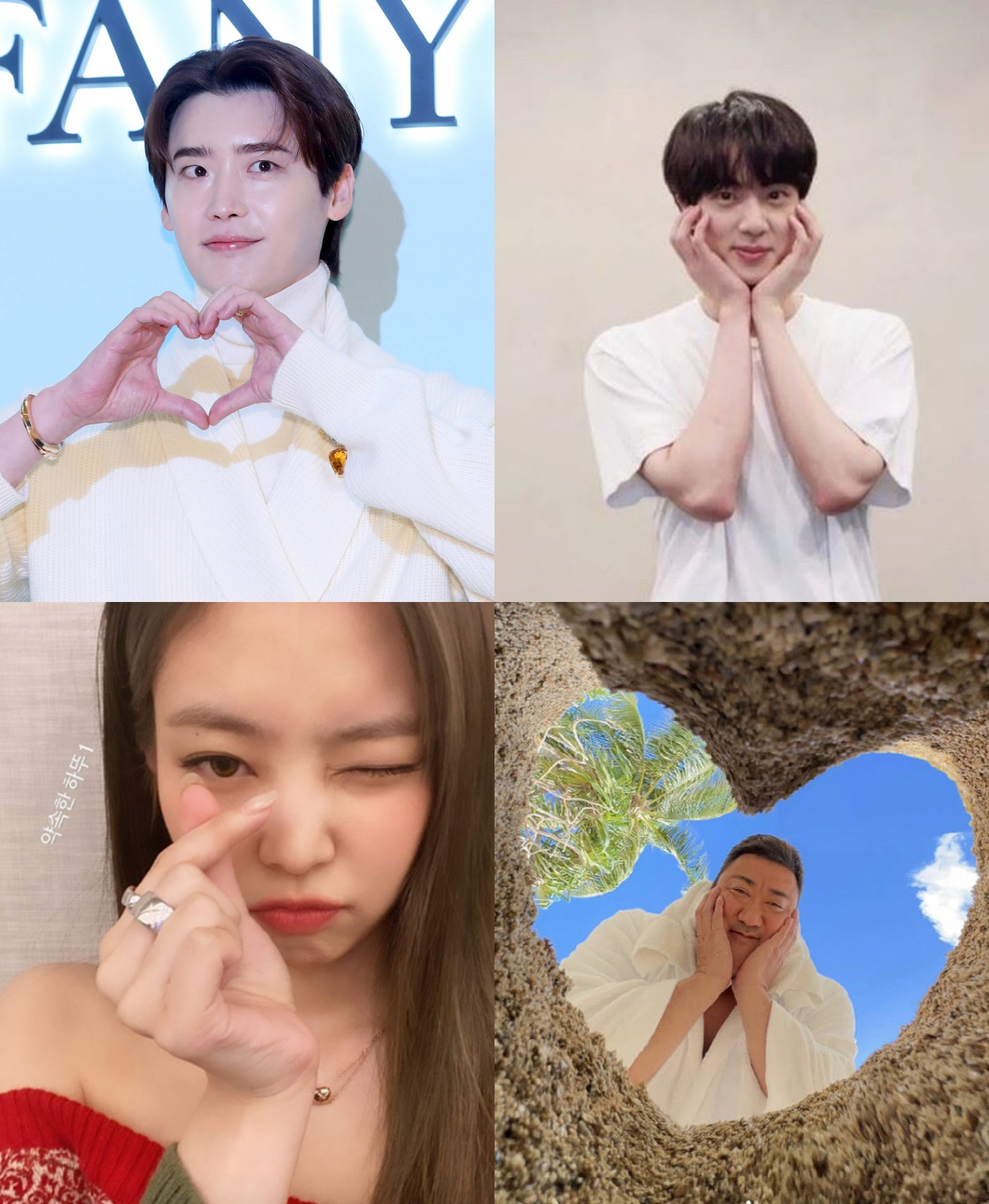 Clockwise from top left: Actor Lee Jong-suk, Jin from boyband BTS, actor Ma Dong-seok and Jennie from Blackpink (Newsis, Instagram of Jin, Ma Dong-seok and Jennie)