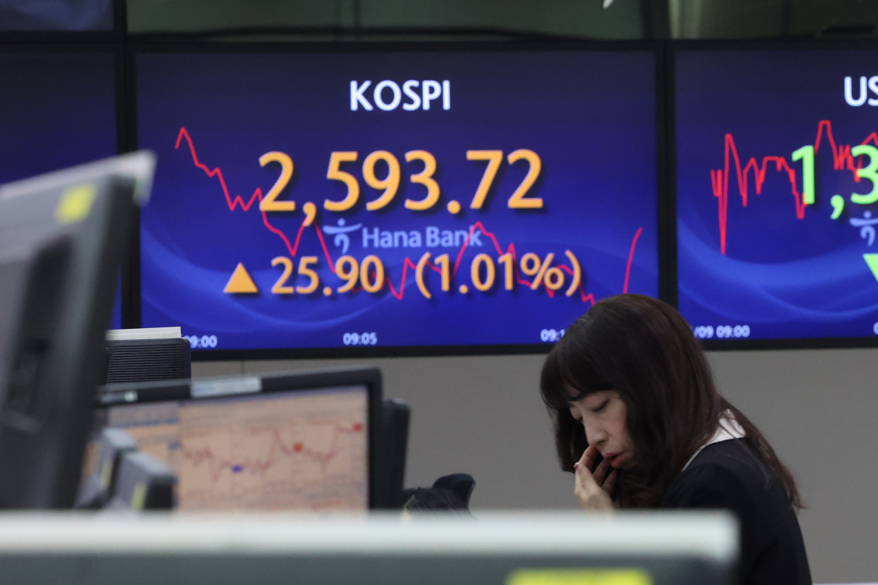 An electronic board showing the Korea Composite Stock Price Index at a dealing room of the Hana Bank headquarters in Seoul on Wednesday. (Yonhap)