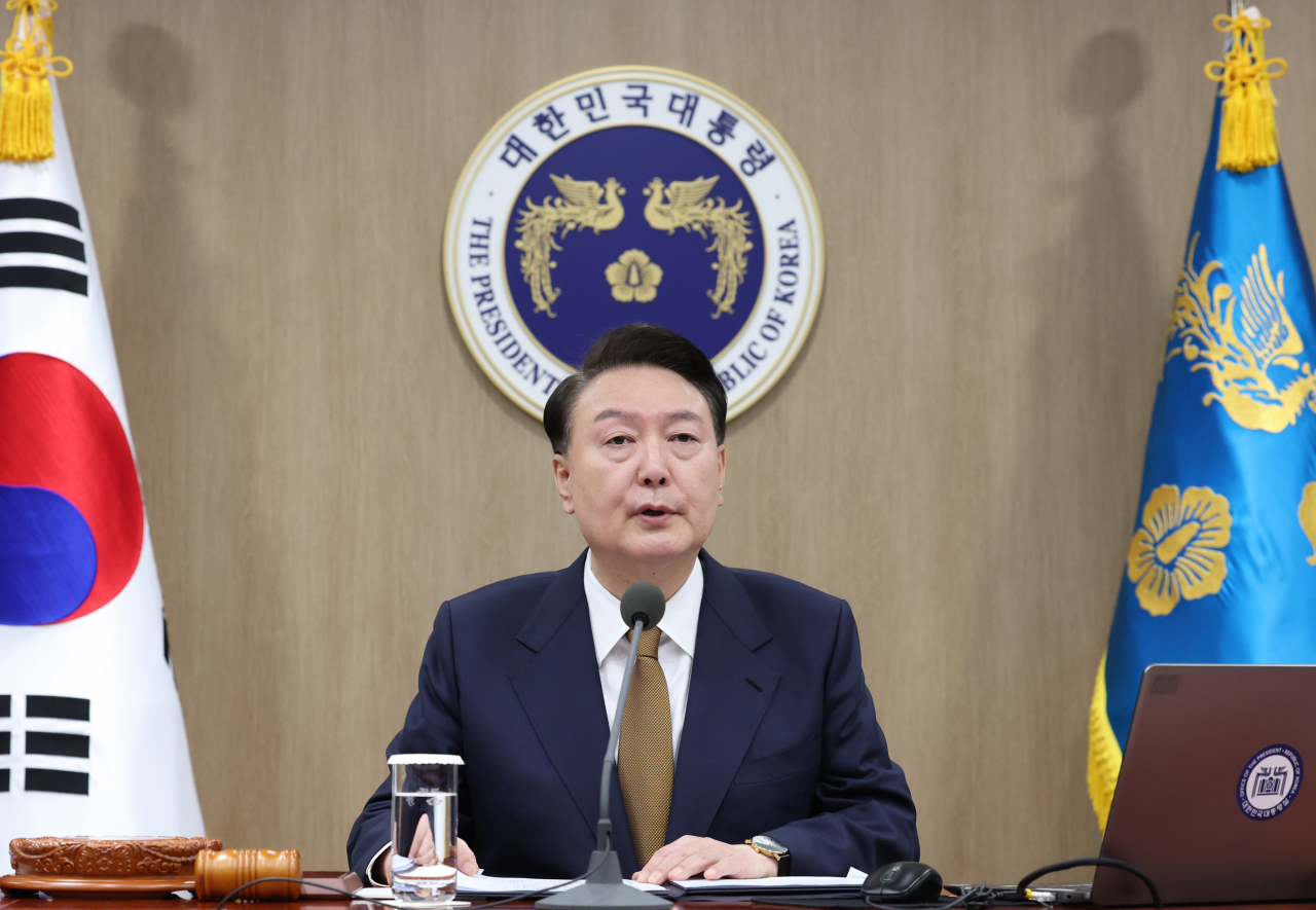 President Yoon Suk Yeol attends Cabinet meeting at his office on Tuesday. (Presidential Office)