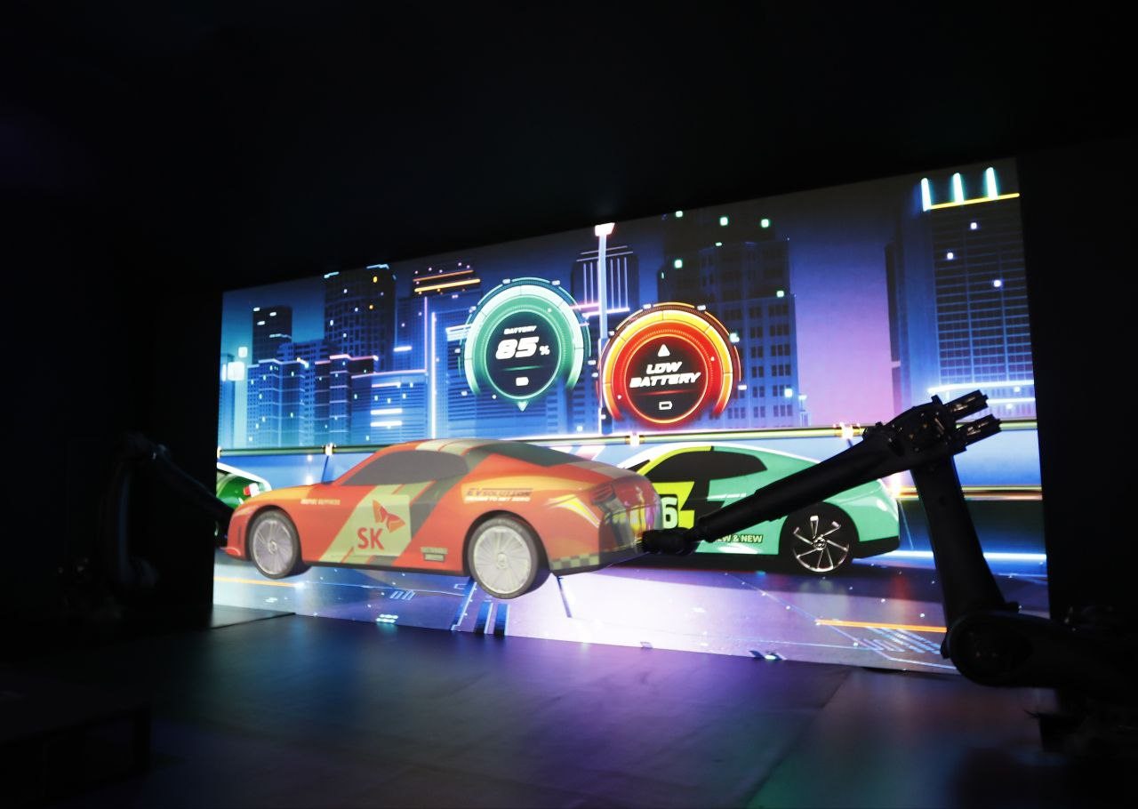 The “Dancing Car” zone at SK Group's pavilion at the CES 2024 in Las Vegas highlights various EV technologies. (SK Group)