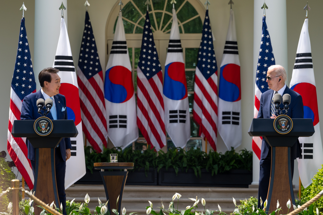 South Korean President Yoon Suk Yeol and US President Joe Biden hold a joint press conference on April 26, 2023, in the Rose Garden at the White House. (White House)