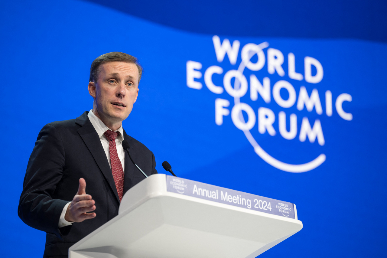 US National Security Advisor Jake Sullivan addresses the assembly at the World Economic Forum annual meeting in Davos, on Wednesday. (AFP-Yonhap)