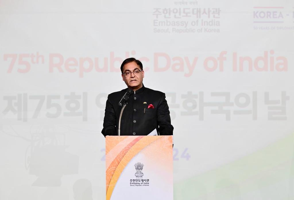 Indian Ambassador to Korea Amit Kumar delivers remarks during India's 75th Republic Day celebrations at Sebitseom in Seocho-gu, Seoul,on Friday. (Indian Embassy in Seoul)
