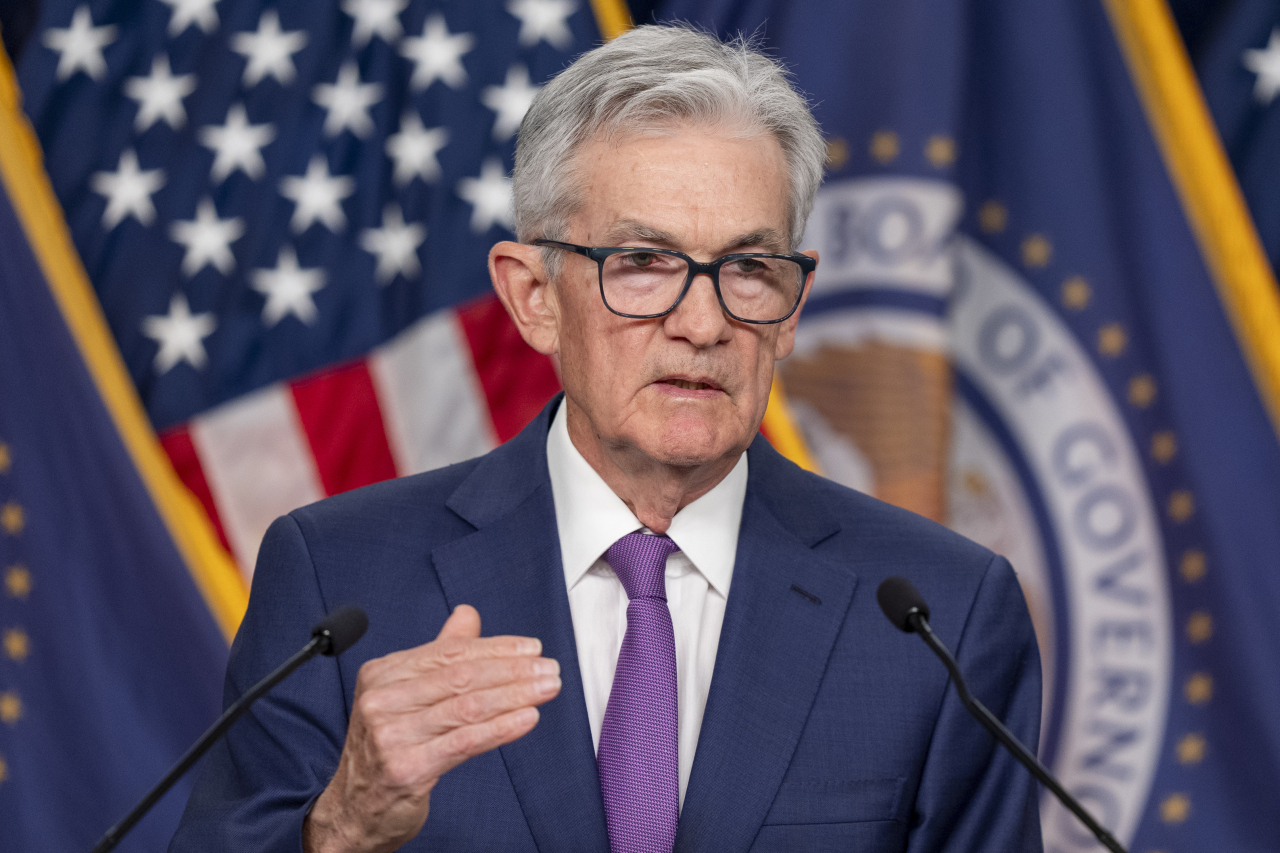 Federal Reserve Board Chair Jerome Powell speaks during a news conference about the Federal Reserve's monetary policy, Wednesday, in Washington. (AP-Yonhap)
