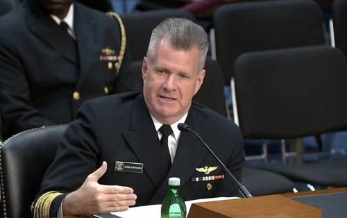 Adm. Samuel Paparo, the nominee for commander of U.S. Indo-Pacific Command, speaks during a confirmation hearing at the Senate Armed Services Committee in Washington in Feb. 1, 2024 in this photo captured from a livestream from the committee's website. (PHOTO NOT FOR SALE) (Yonhap)