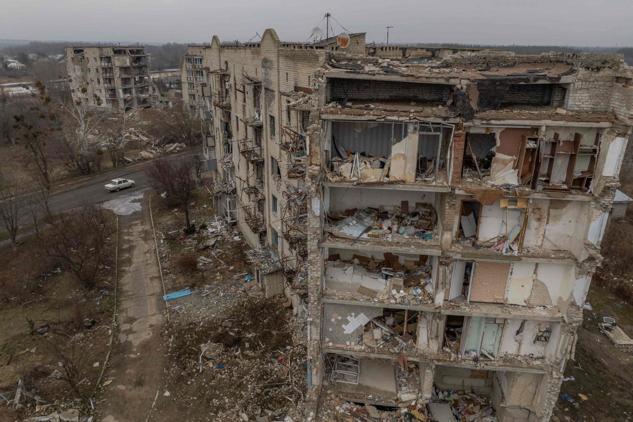 This aerial photograph taken on Thursday, shows residential buildings destroyed by shelling in Izyum, Kharkiv region, amid the Russian invasion of Ukraine. (AFP)