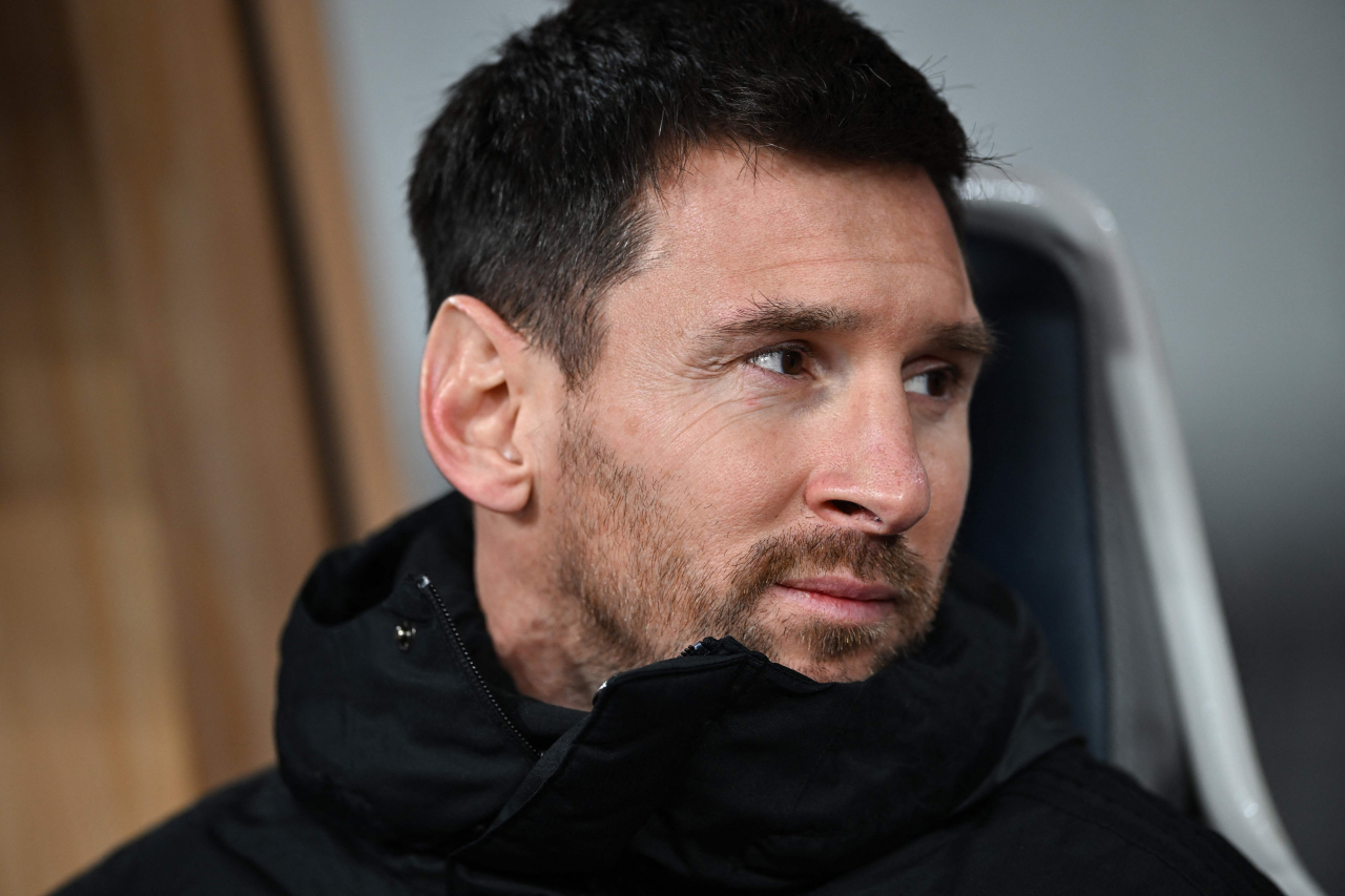 Inter Miami's Argentine forward Lionel Messi sits on the bench before the start of the friendly football match between Inter Miami of the US's Major League Soccer league and Vissel Kobe of Japan's J-League at the National Stadium in Tokyo on Wednesday. (AFP)