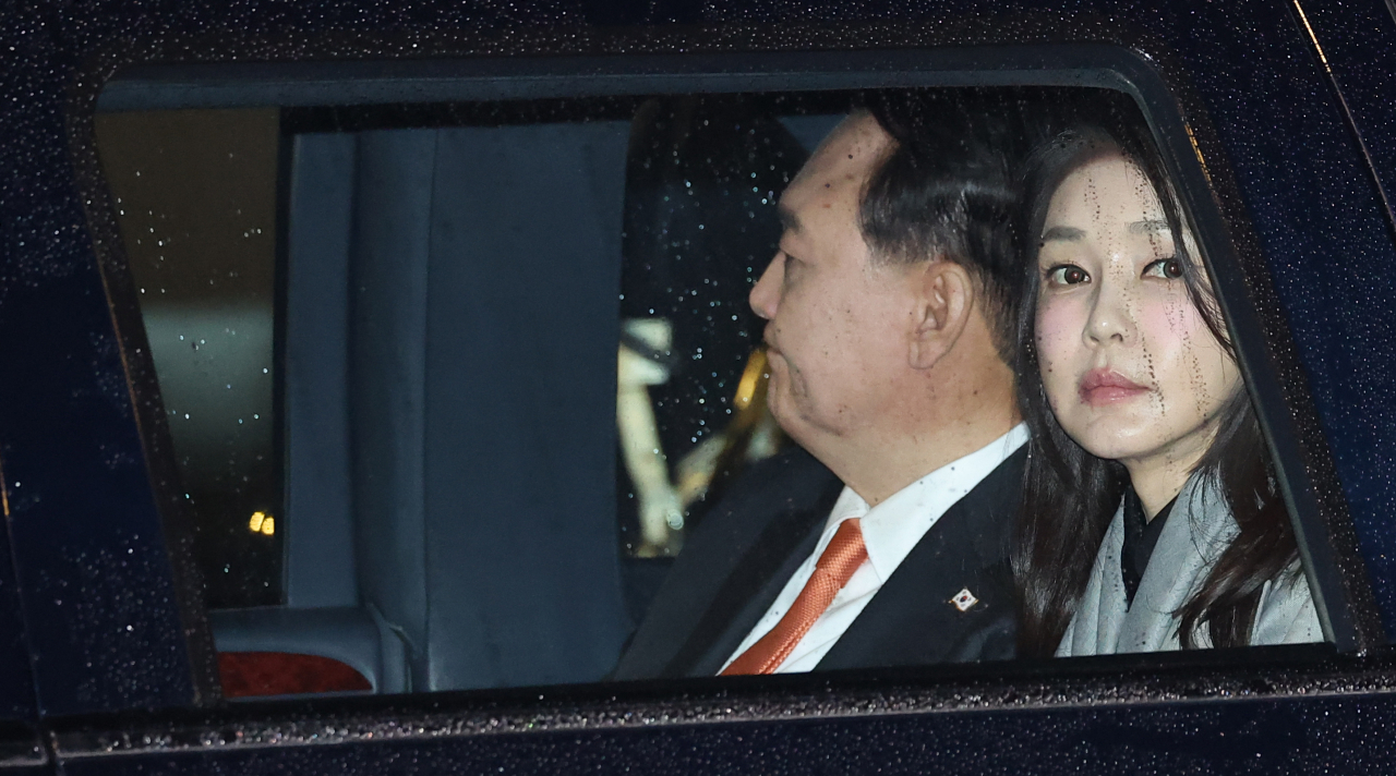 First lady Kim Keon Hee is seen after landing at Amsterdam Schiphol Airport as she accompanies President Yoon Suk Yeol on a state visit to the Netherlands, Dec. 11, 2023. (Yonhap)