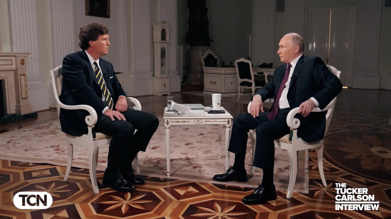 Russian President Vladimir Putin speaks during an interview with US television host Tucker Carlson in Moscow, Russia. (Courtesy of Tucker Carlson Network via Reuters-Yonhap)