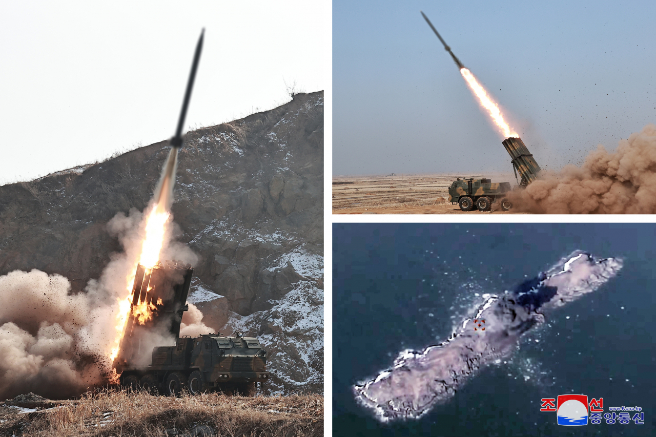 These images, carried by North Korea's official Korean Central News Agency Monday, show North Korea conducting a ballistic control test firing of 240 mm-caliber controllable multiple rocket launcher shells the previous day. (Yonhap)