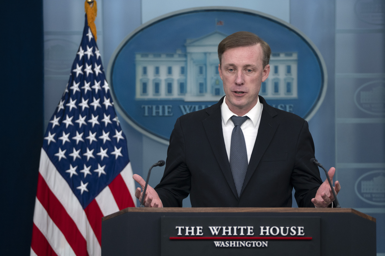 US National Security Advisor Jake Sullivan speaks during a press briefing at the White House in Washington, Wednesday. (Associated Press)