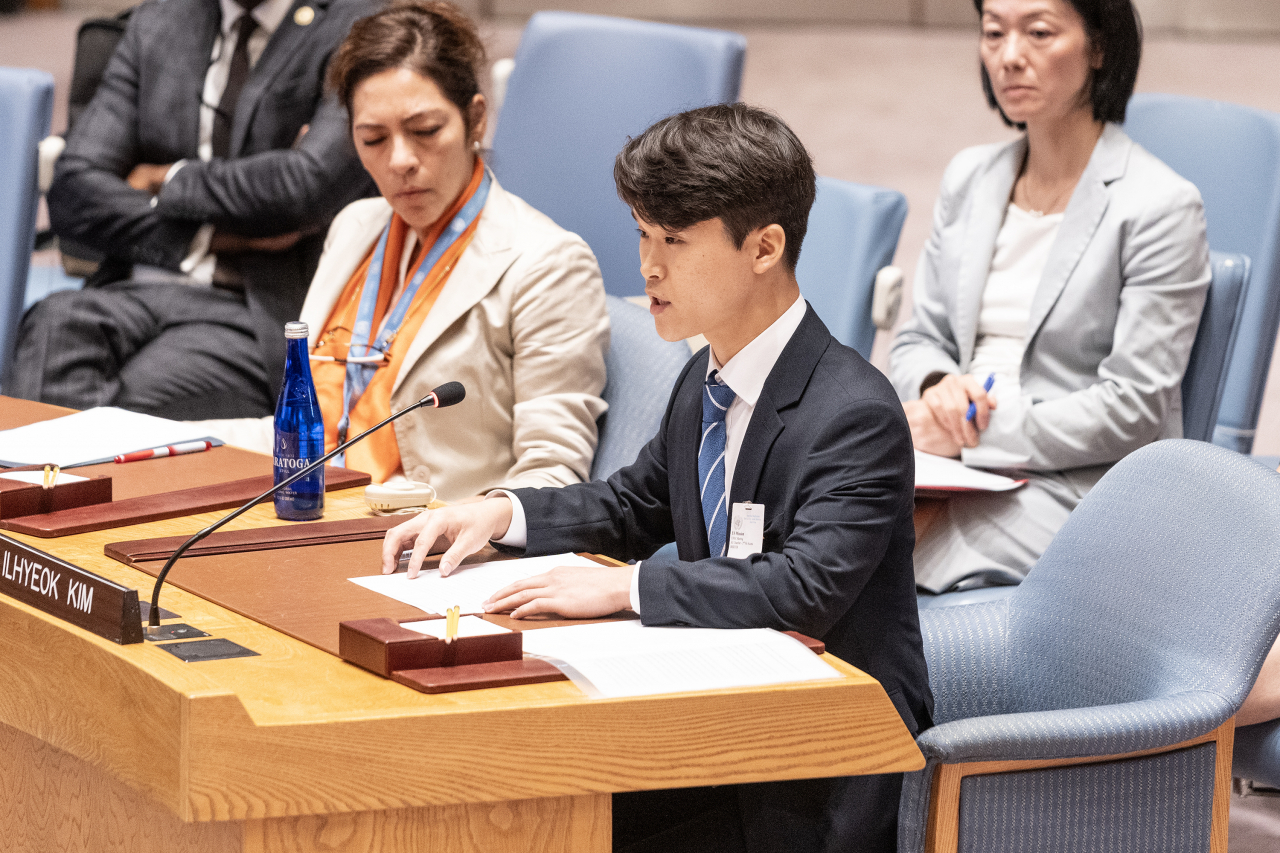 Kim Il-hyeok, defector from North Korea, speaks during the Security Council meeting on the human rights situation in North Korea at UN Headquarters in New York in August 2023. (Getty Images)