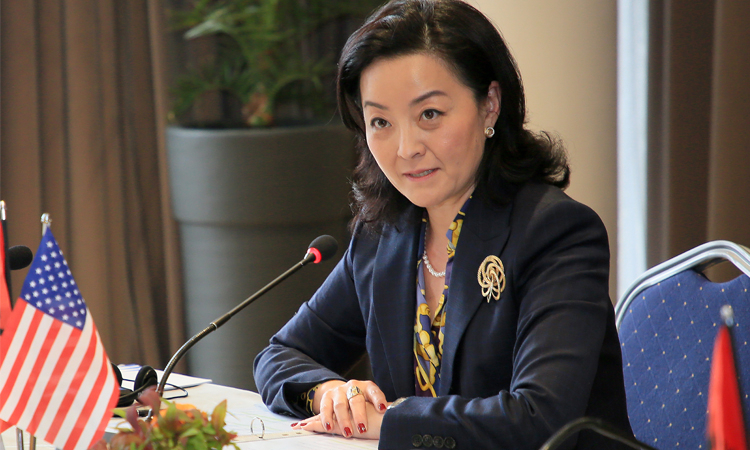 This photo shows Yuri Kim, principal deputy assistant secretary of state for Europe and Eurasian affairs, on Feb. 5, 2020. (US Embassy in Arbania)