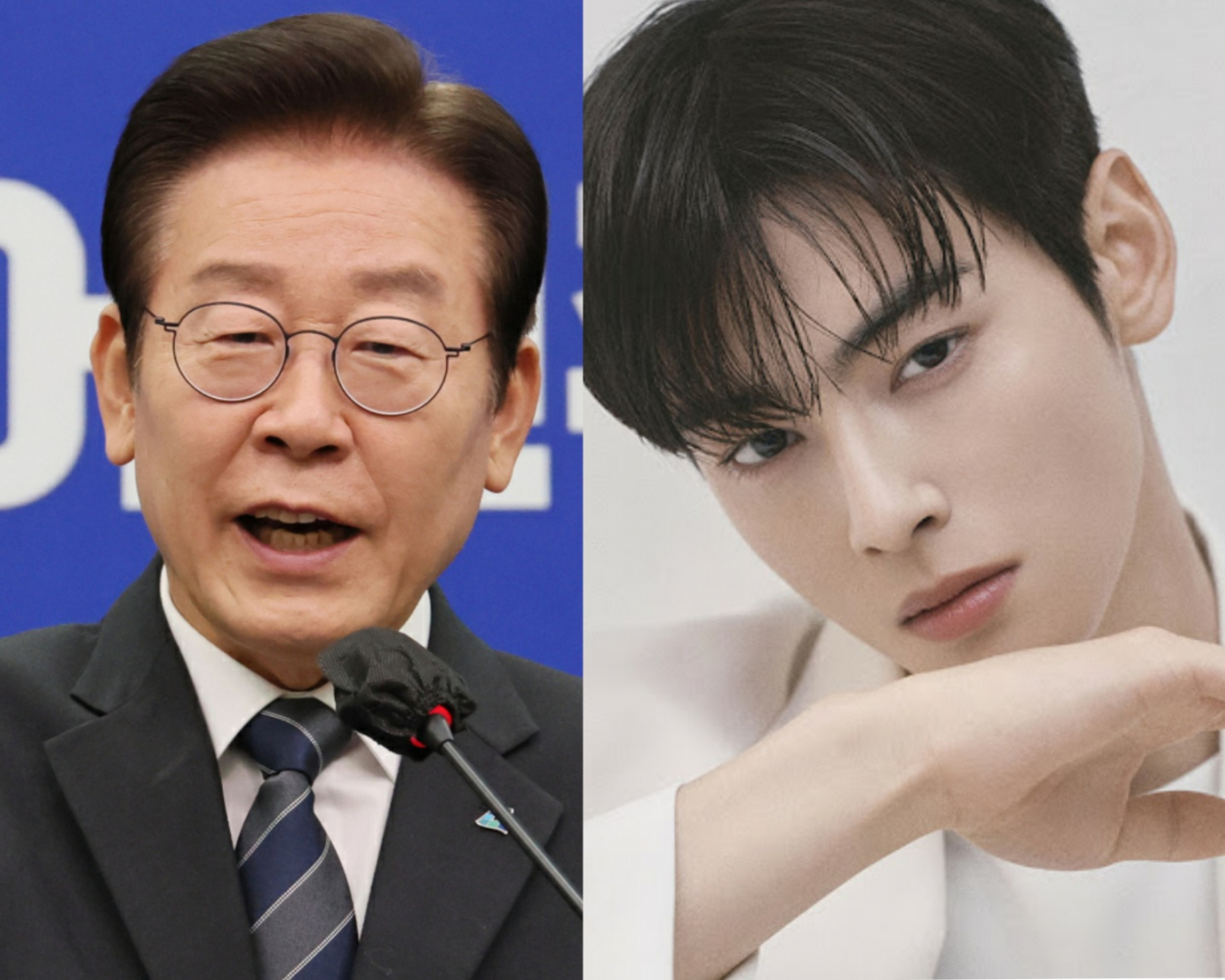 Democratic Party of Korea Chair Lee Jae-myung, left, and K-pop singer and actor Cha Eun-woo (Courtesy of Yonhap and Fantagio)